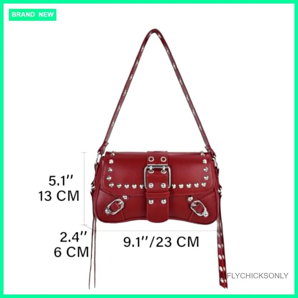 Studded Rivet Punk Hobo Shoulder Bag PU Leather Small Clutch Purse